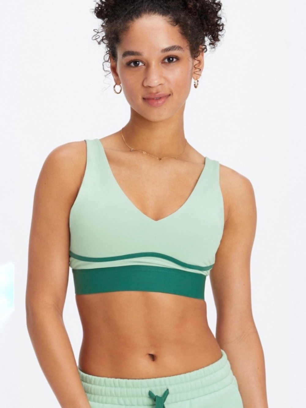 Fabletics All Day Everyday Sports Bra Womens Mint & Dark Green V-Neck Sports Bra